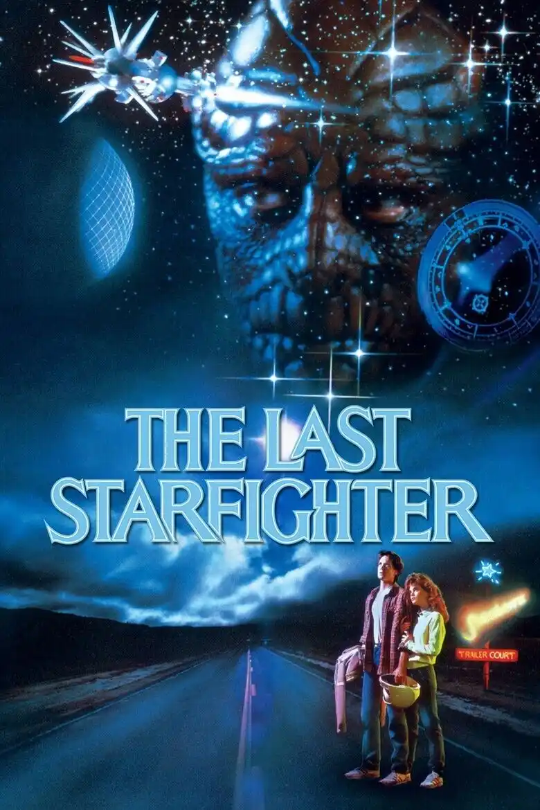 A movie poster for 'The Last Starfighter' shows two young people standing on a dark road under a starry sky, with a giant…