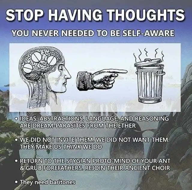 An image shows a side profile of a human head with a brain, a pointing hand, and a steaming trash can. Overlaid text reads…