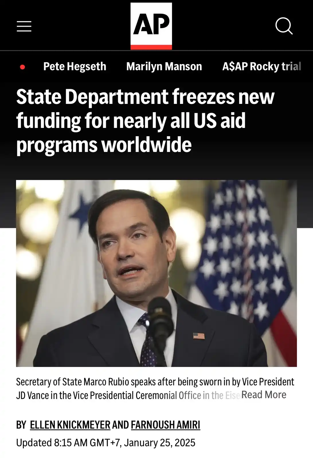 A screenshot of an Associated Press news article shows Secretary of State Marco Rubio speaking at a podium with American…