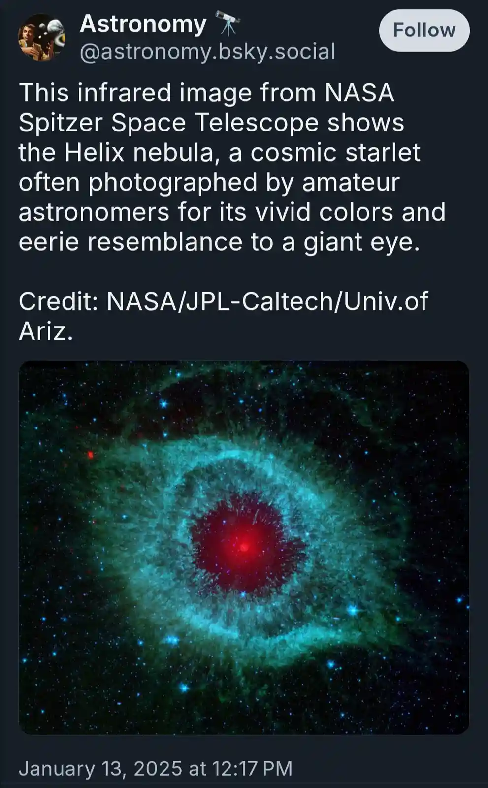 An infrared space image from the NASA Spitzer Space Telescope displays the Helix nebula, which appears as a glowing…