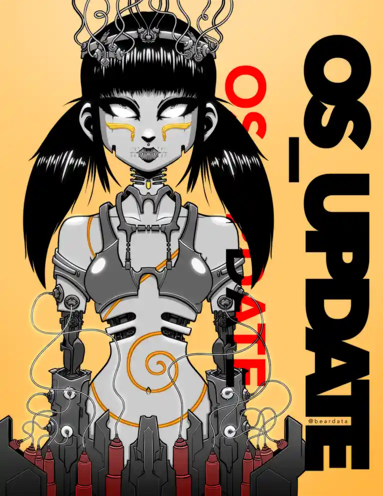 A stylized anime-style female robot with black pigtails, glowing white eyes, and yellow tear-like markings on her cheeks, is…