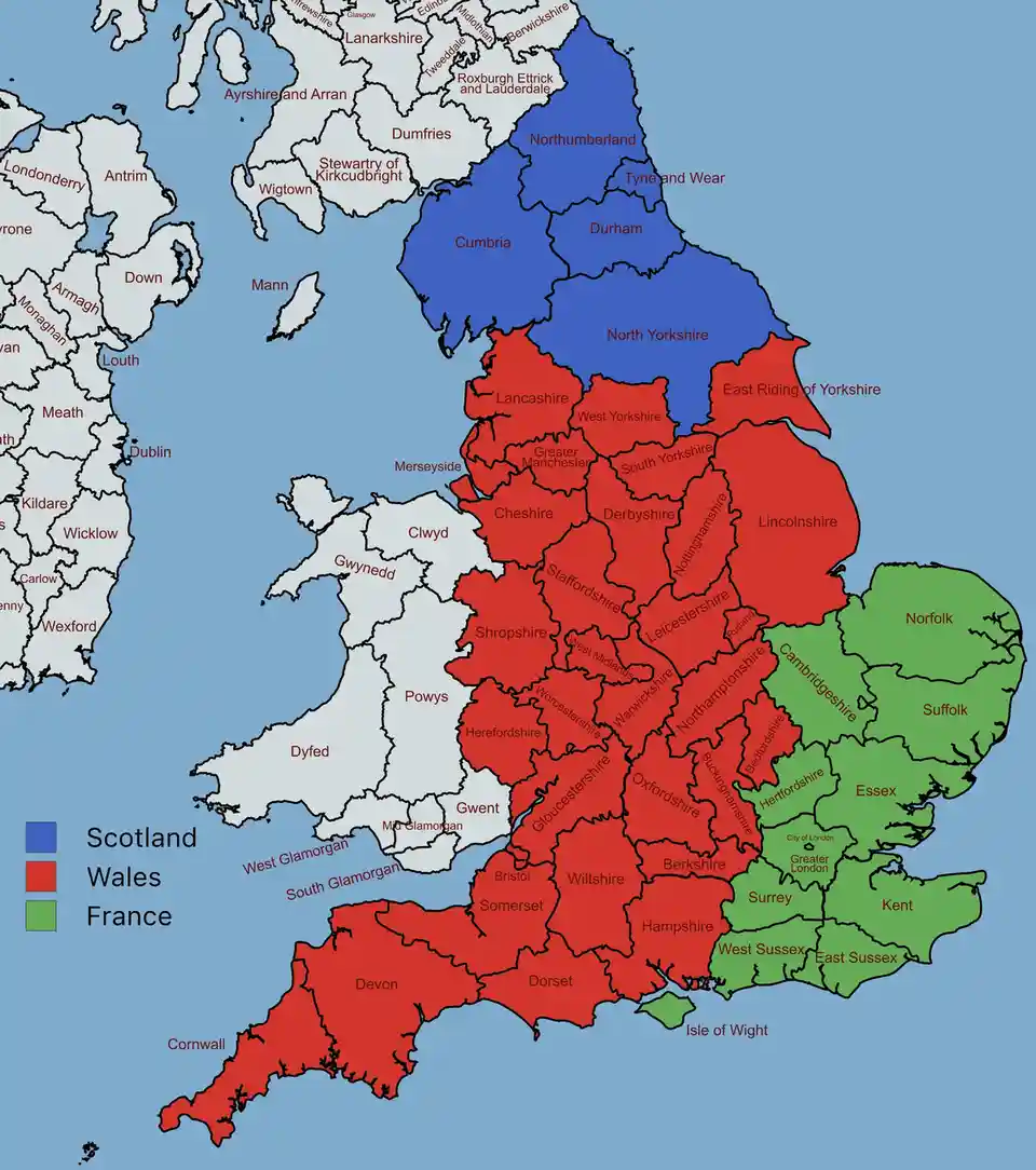 A map of the British Isles with a legend indicating Scotland is blue, Wales is red, and France is green. The map visually…