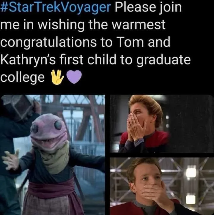 A three-panel meme from Star Trek: Voyager showing a surprised alien, a woman covering her mouth in shock, and a man…