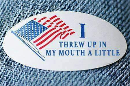 A white oval sticker with a stylized American flag on the left and blue text reading 'I THREW UP IN MY MOUTH A LITTLE' is…