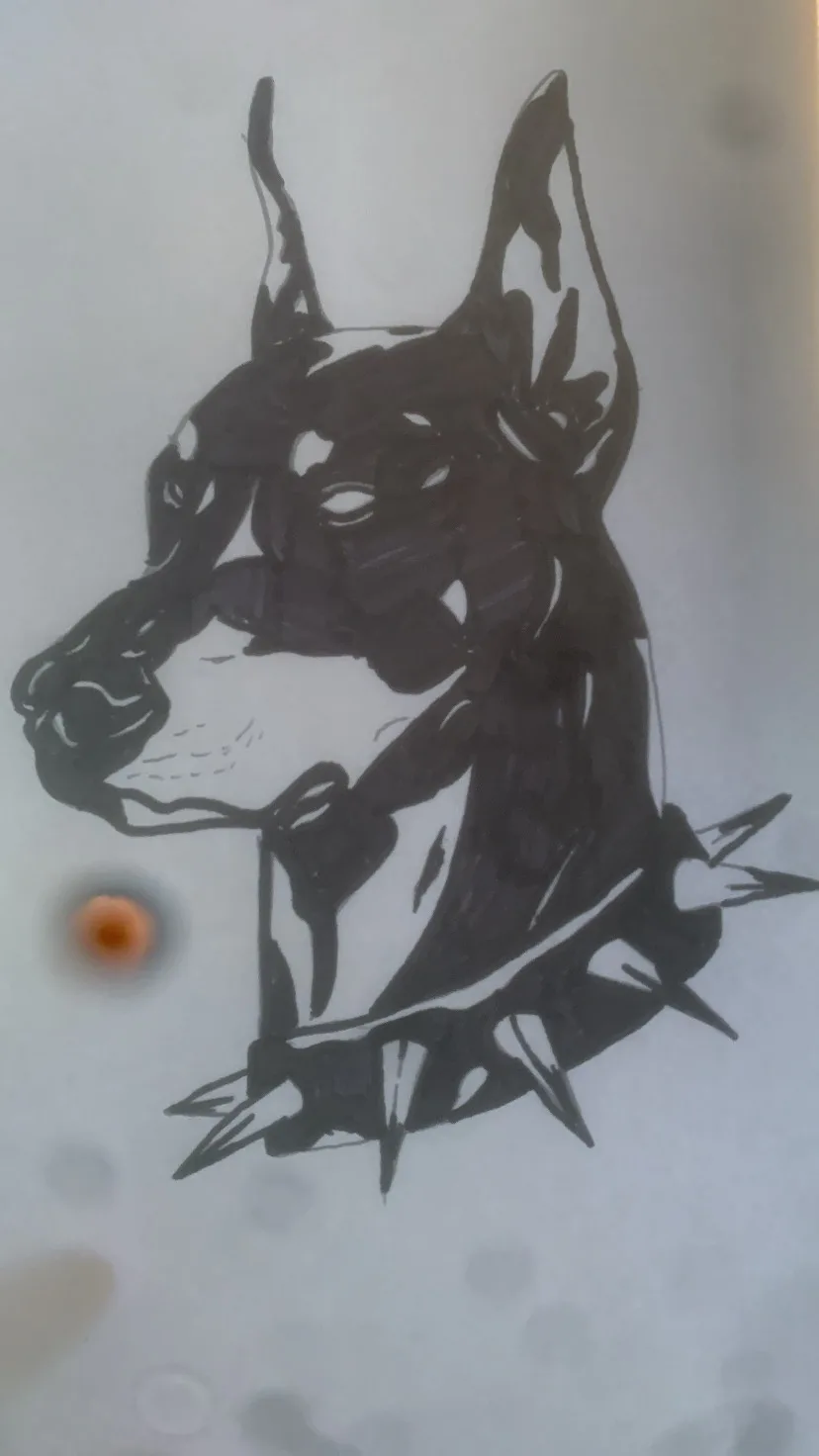A hand-drawn black-and-white sketch of a Doberman Pinscher's head in profile, wearing a spiked collar, with the overlaid…