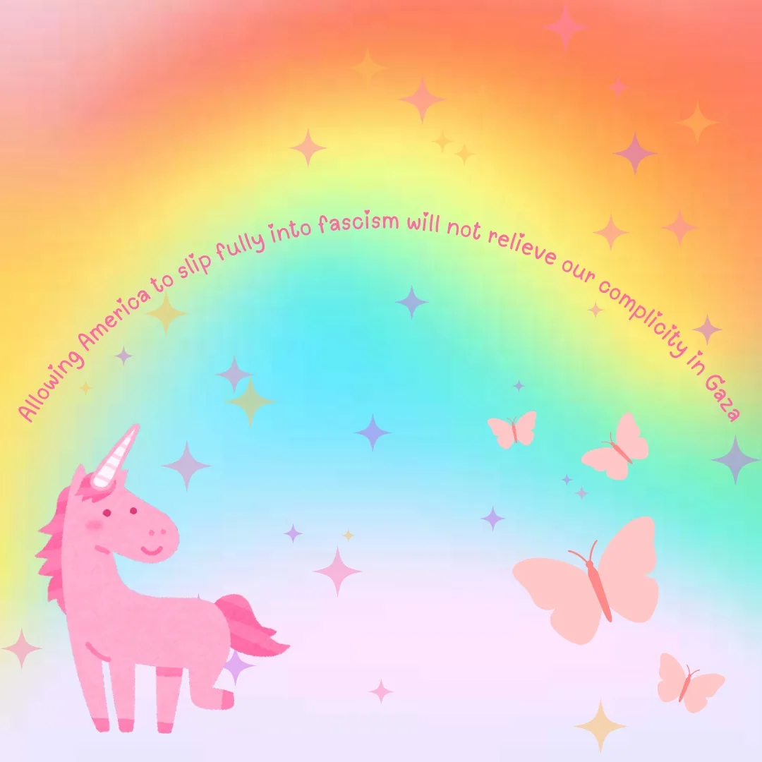 A pastel-colored image features a cute pink cartoon unicorn standing on the left, with several pink butterflies fluttering…