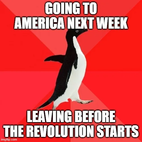 A black-and-white penguin stands against a red background with diagonal white stripes. White bold text at the top reads…