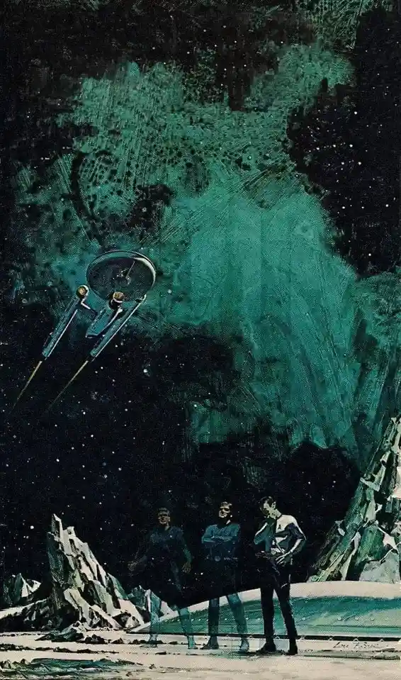 A vintage science fiction illustration depicts three men in Star Trek-style uniforms standing on a rocky, alien planet…