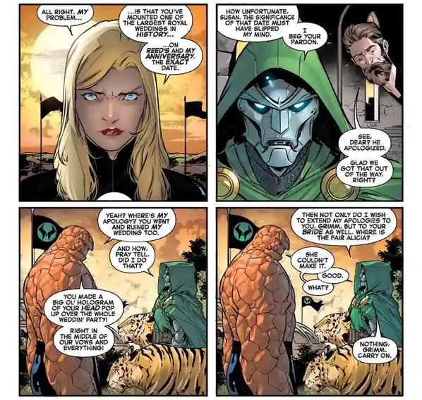 A four-panel comic strip featuring characters from the Fantastic Four. In the first panel, a blonde woman (Susan Storm)…