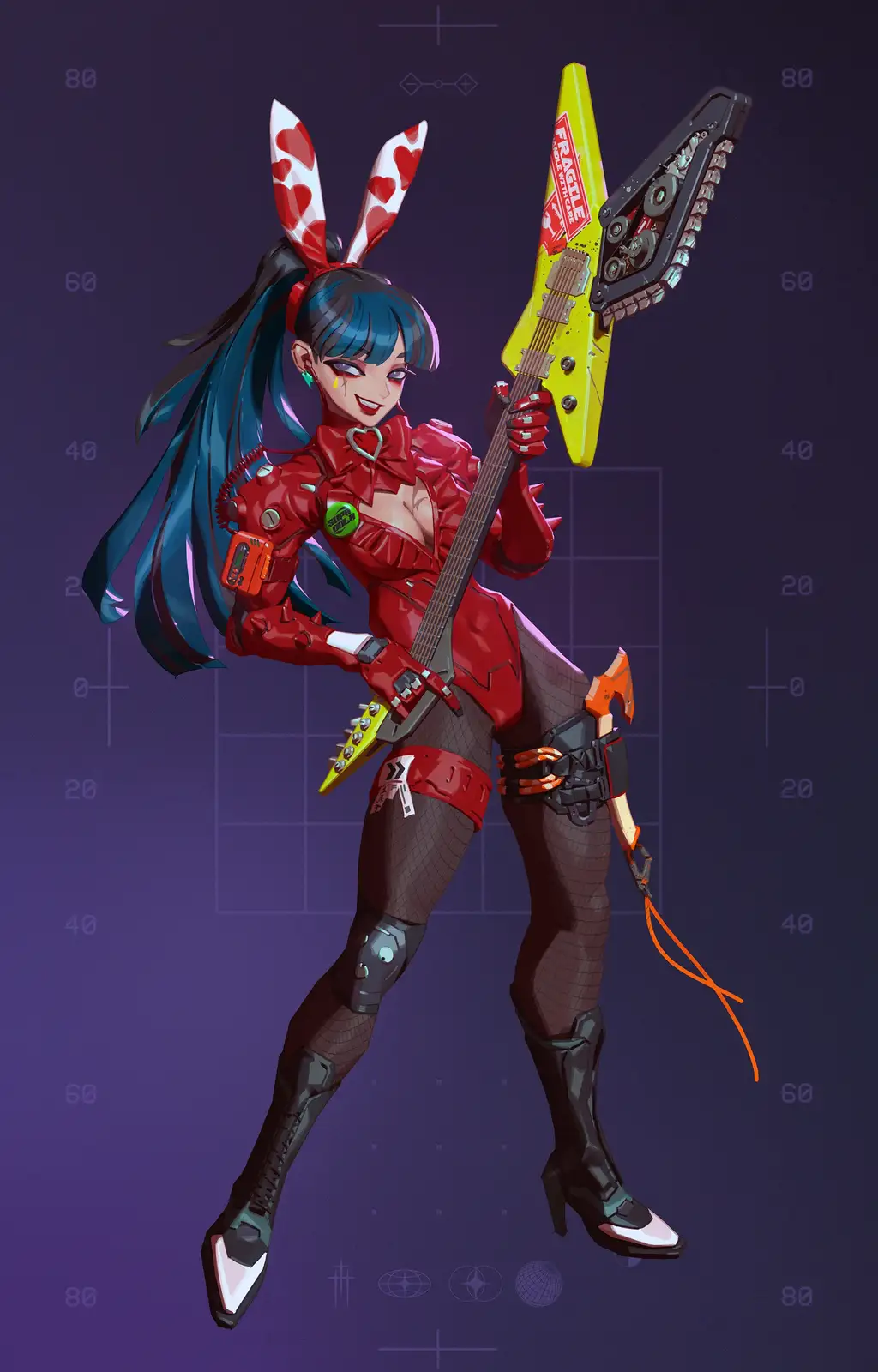 An anime-style female character with blue hair and red-and-white heart-patterned bunny ears wears a red outfit and holds a…