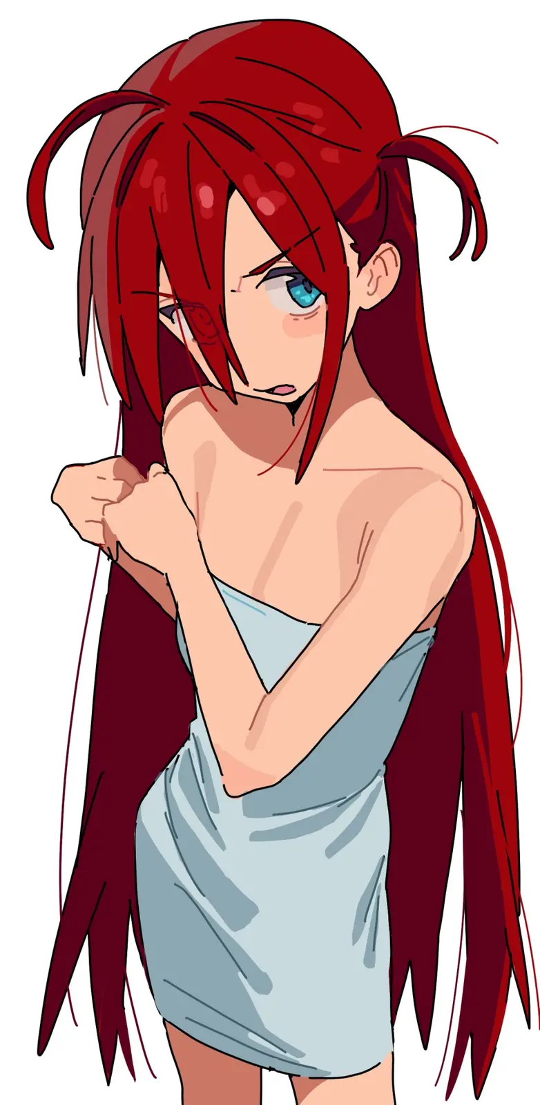 An anime-style illustration of a young woman with long red hair and blue eyes, wearing a light blue strapless dress. She is…
