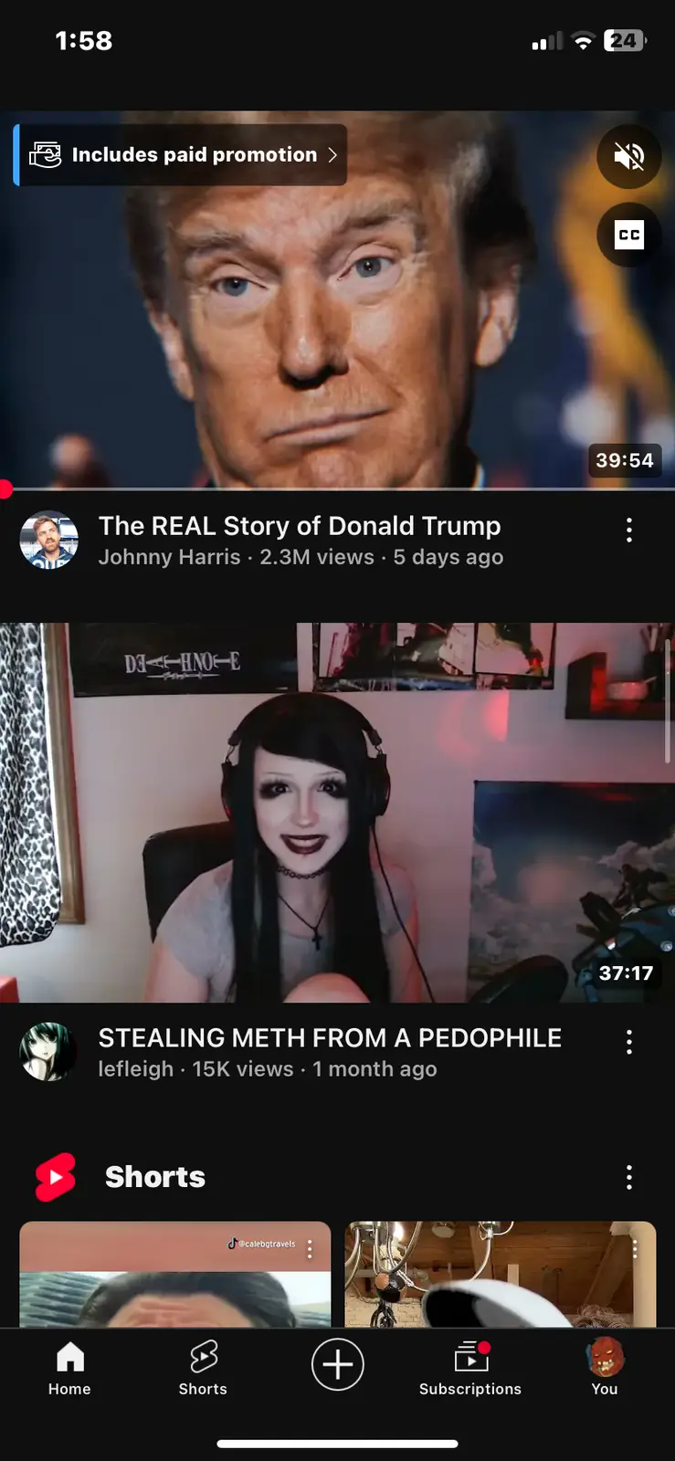 A screenshot of a YouTube mobile app interface showing a video titled 'The REAL Story of Donald Trump' by Johnny Harris with…