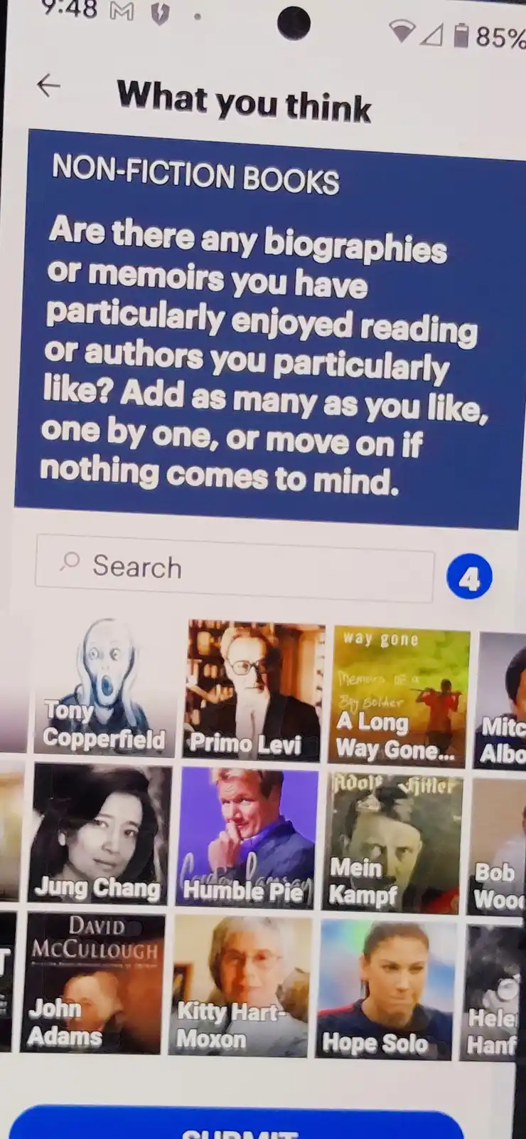 A screenshot of a mobile app's 'What you think' section asking for non-fiction book recommendations. Below the prompt, a…
