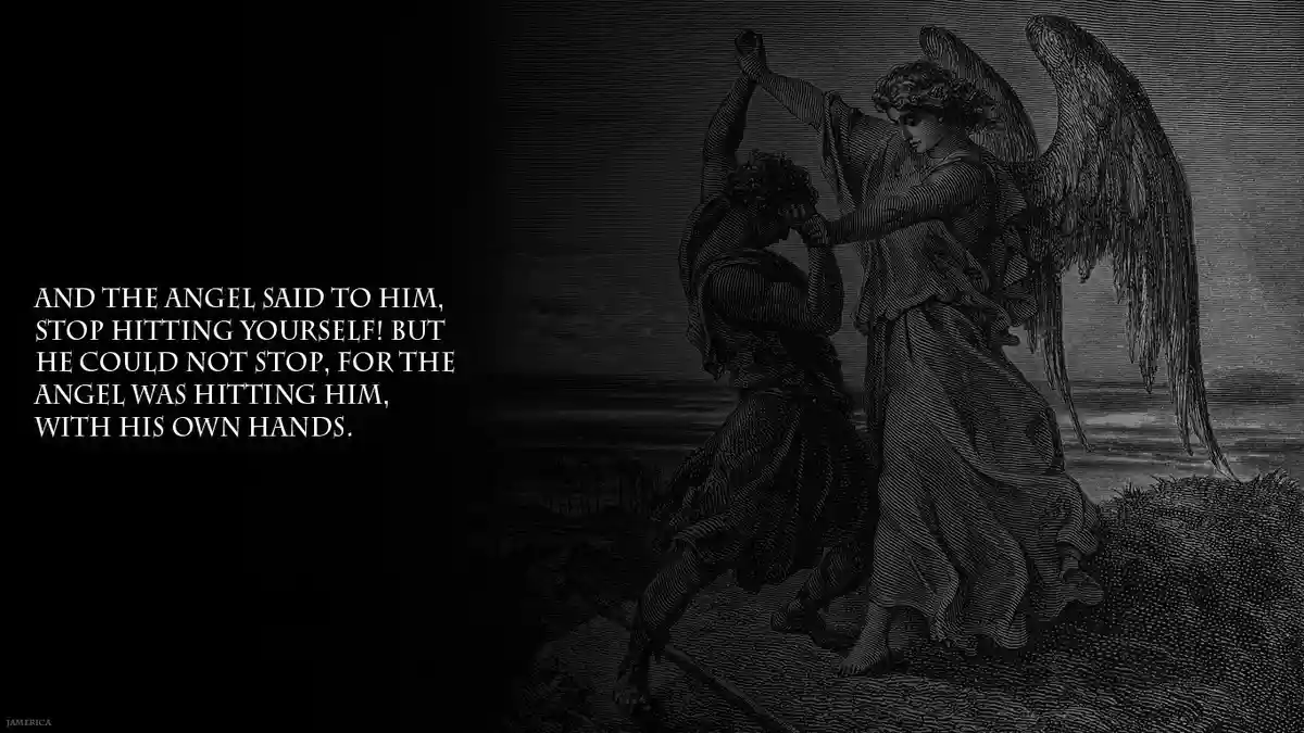 A black-and-white etching depicts an angel with large wings physically restraining a man who is hitting himself. The angel's…