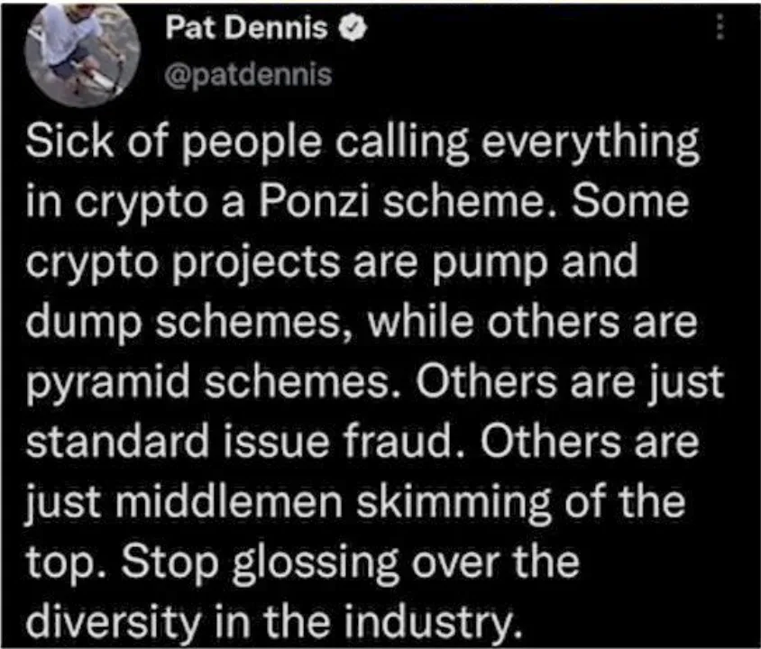A screenshot of a tweet by Pat Dennis (@patdennis) with a black background and white text. The text is a rant about the…