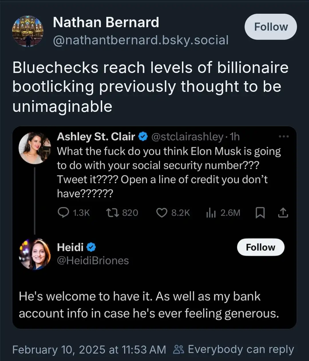 A screenshot of a social media post by Nathan Bernard criticizing bluecheck accounts for extreme flattery of billionaires…