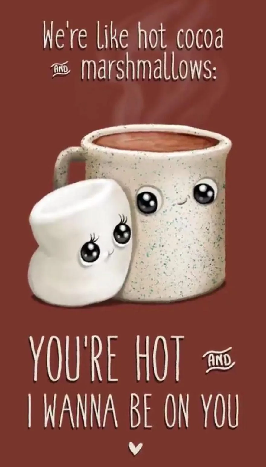 An illustration shows a cute, speckled mug of hot cocoa with eyes and a smile, hugging a white, fluffy marshmallow also with…