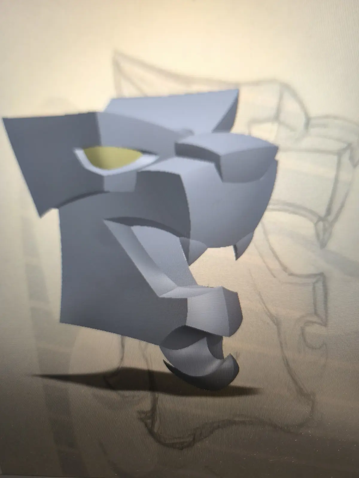 A low-poly 3d model of a stylized feline head, likely a panther or lion, with a yellow eye, is shown in front of faint…