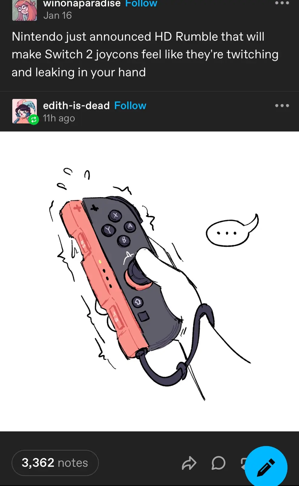 A cartoon drawing shows a hand gripping a Nintendo Switch Joy-Con controller that is visibly twitching and vibrating, with…