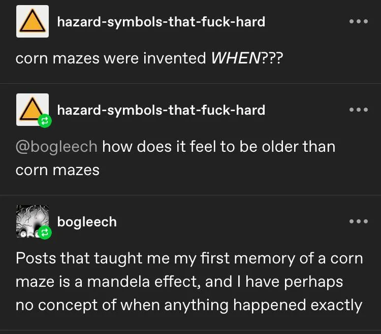 A screenshot of a Twitter thread shows a user asking when corn mazes were invented, another user replies asking how it feels…