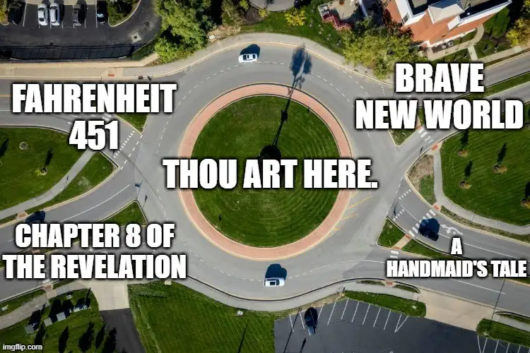 An aerial view of a roundabout with cars driving around it, overlaid with text labeling each approaching lane with titles of…