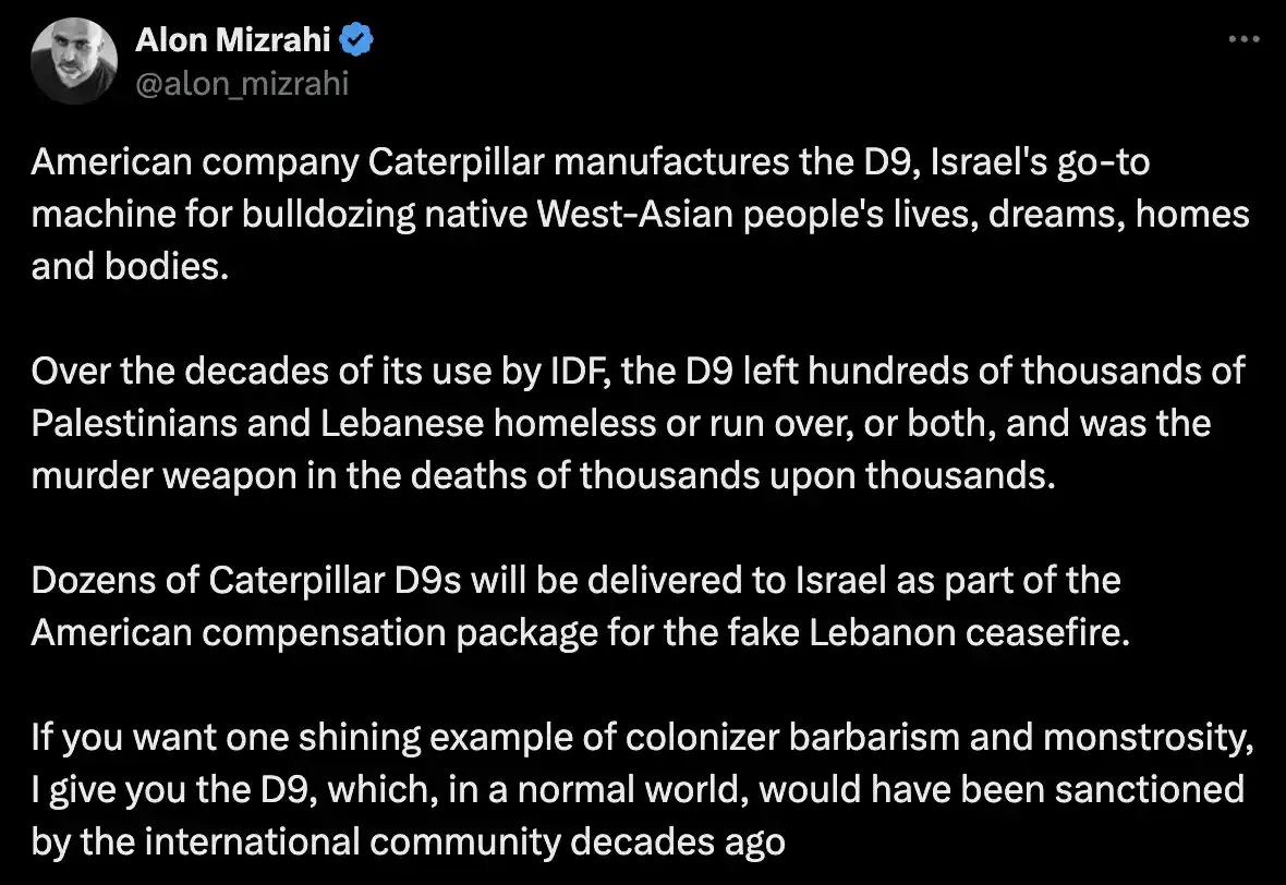 A screenshot of a tweet by Alon Mizrahi with white text on a black background. The text is a political statement accusing…