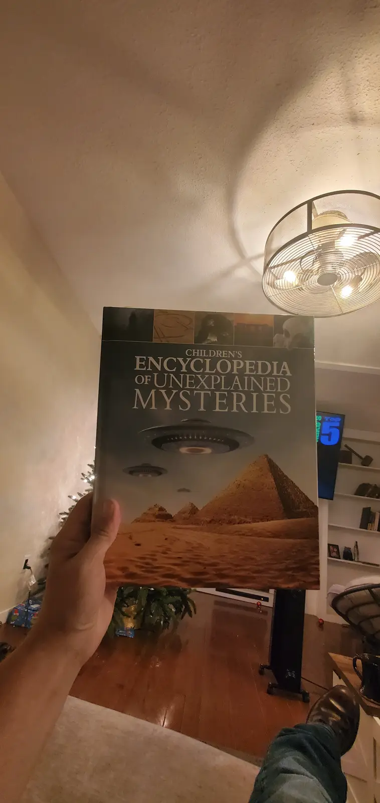 A person holds up a book titled 'Children's Encyclopedia of Unexplained Mysteries' featuring UFOs over pyramids on its…