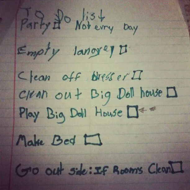 A handwritten to-do list on lined paper with tasks like 'Party', 'Empty laundry', 'Clean off dresser', 'clean out Big Doll…