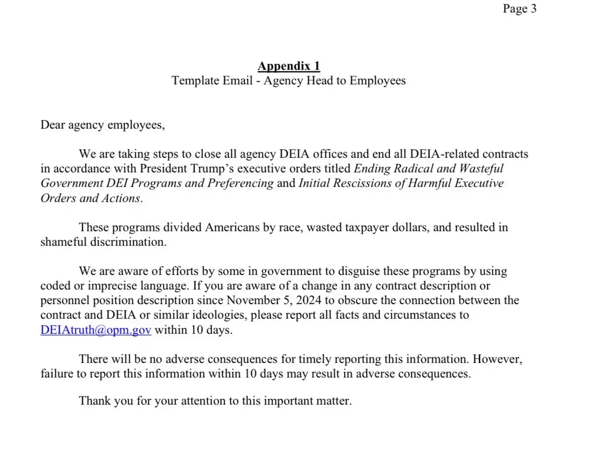 The image displays page 3 of a government document titled 'Appendix 1: Template Email - Agency Head to Employees'. The email…