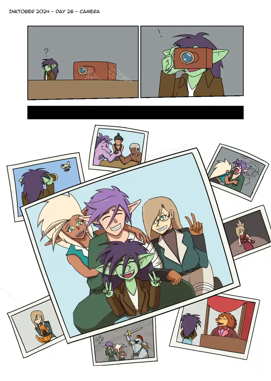 A comic strip shows a green-skinned elf with purple hair discovering an old, dusty camera, then using it to take photos of…