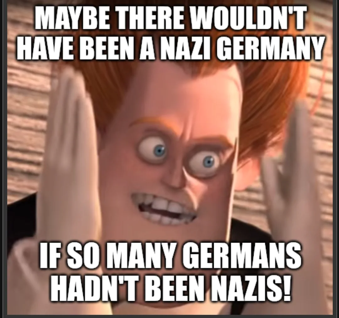 An animated character with wild red hair, wide eyes, and a manic grin, holding both hands up to his temples. The text…