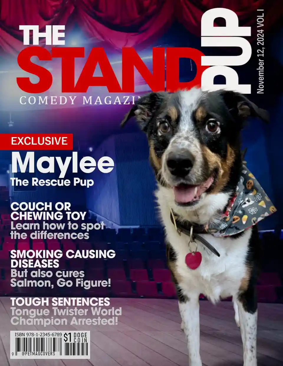 A dog with a Halloween-themed bandana and a red heart tag stands on a stage in front of theater curtains and seats, overlaid…