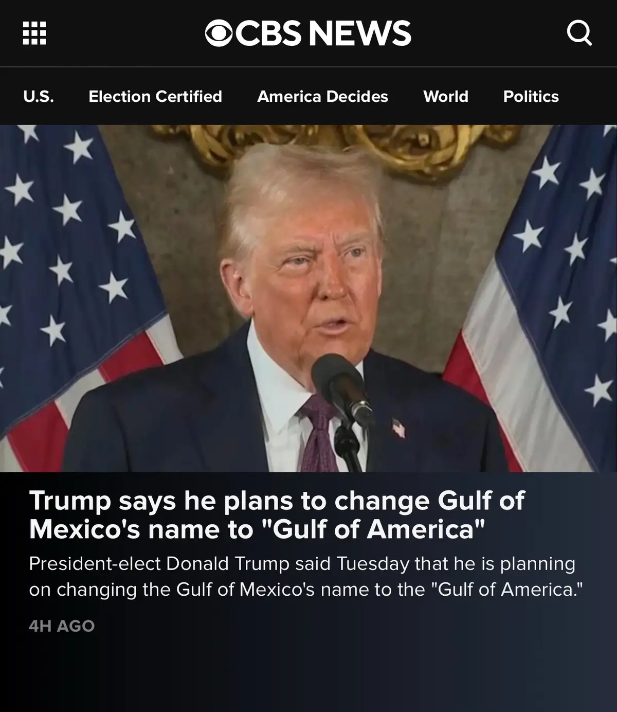 A screenshot of a CBS News article shows Donald Trump speaking at a podium with American flags on either side. The article…