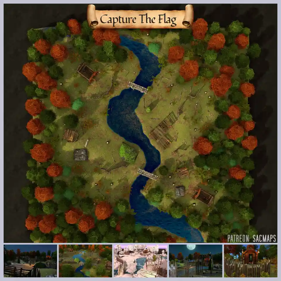 An overhead view of a fantasy battle map titled 'Capture The Flag' on a scroll, showing a winding river, wooden bridges…