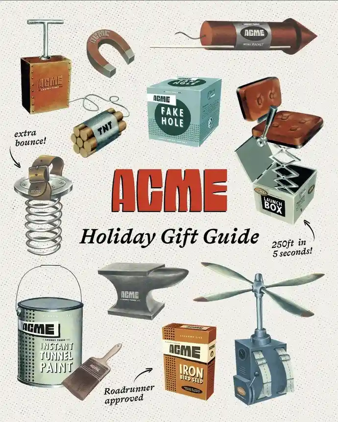 A vintage-style illustrated 'ACME Holiday Gift Guide' featuring absurd, fictional products like a TNT stick, a fake hole…
