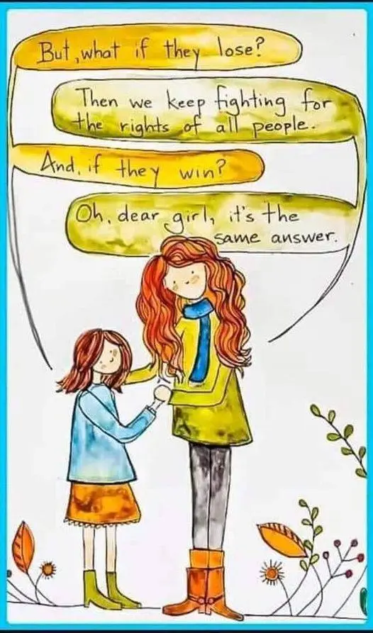 A hand-drawn illustration shows a young girl holding hands with a taller woman. Four yellow speech bubbles contain a…