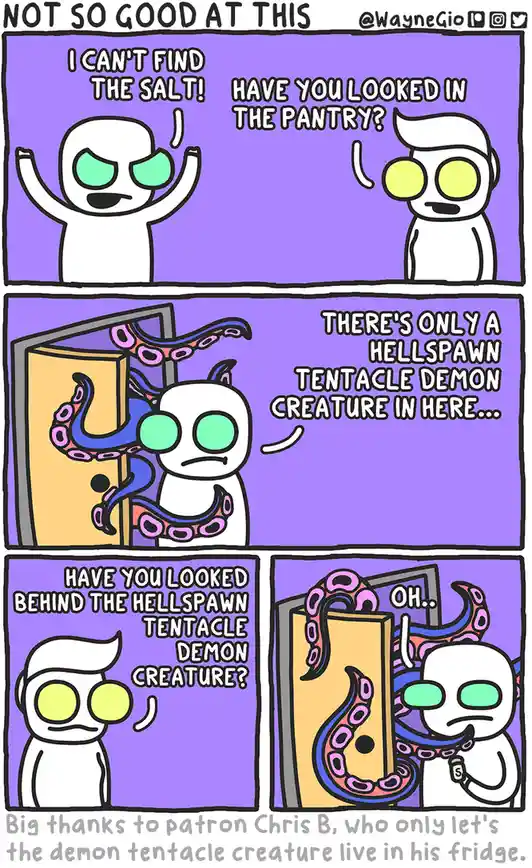 A four-panel comic shows two white cartoon characters searching for salt. The first asks if the salt is in the pantry…