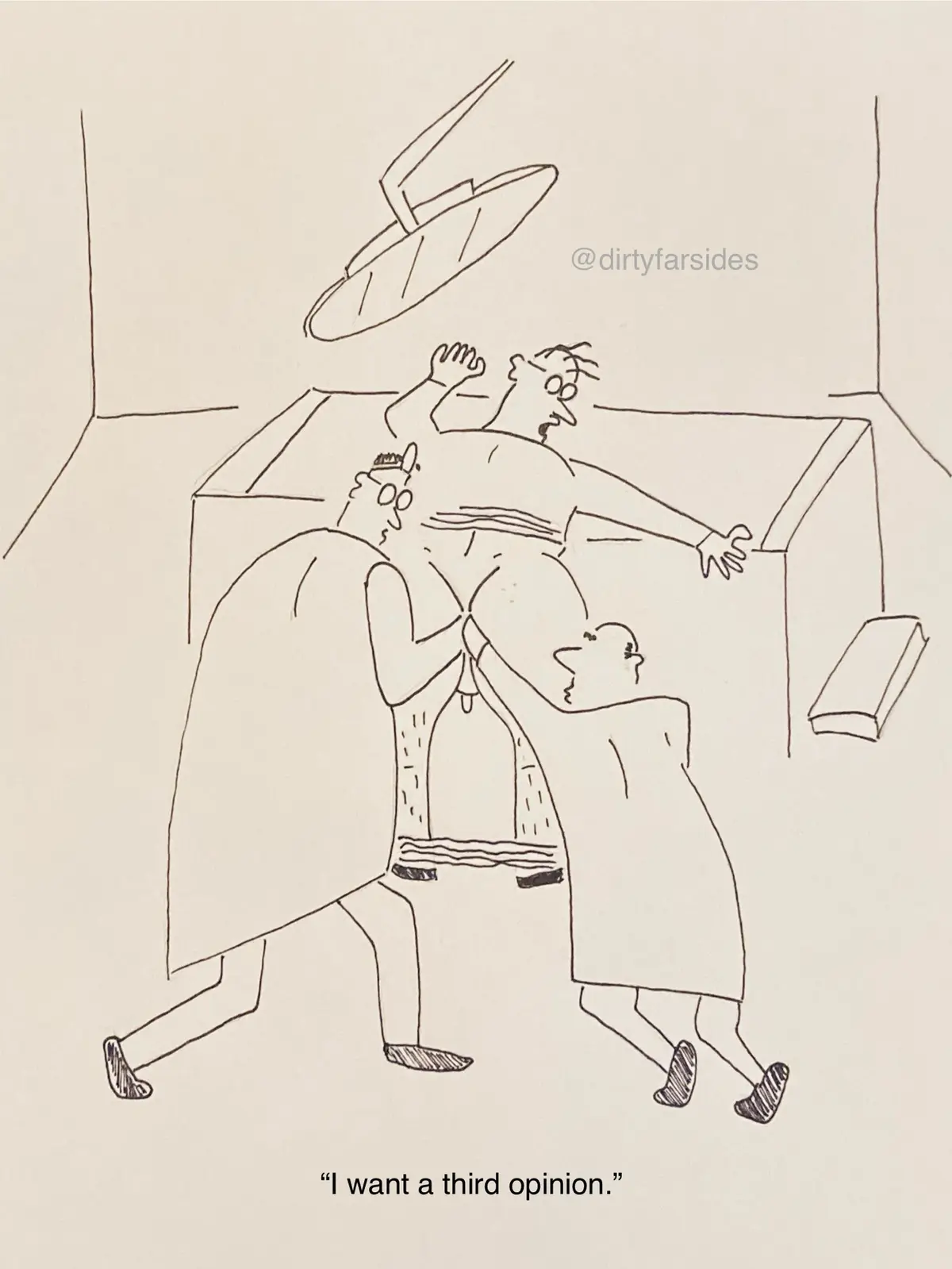A black-and-white line drawing shows a patient on an operating table with a surgical light above, while two surgeons in…