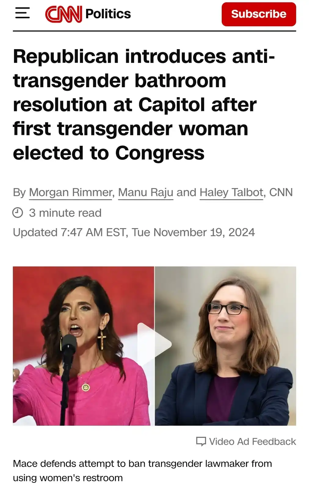 A screenshot of a CNN Politics article header showing two women side-by-side: one speaking into a microphone in a pink top…