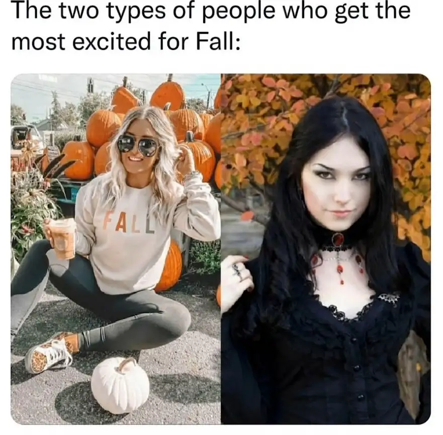The image is split into two panels. Left: a smiling woman with blonde hair, wearing a 'FALL' sweatshirt, sunglasses, and…