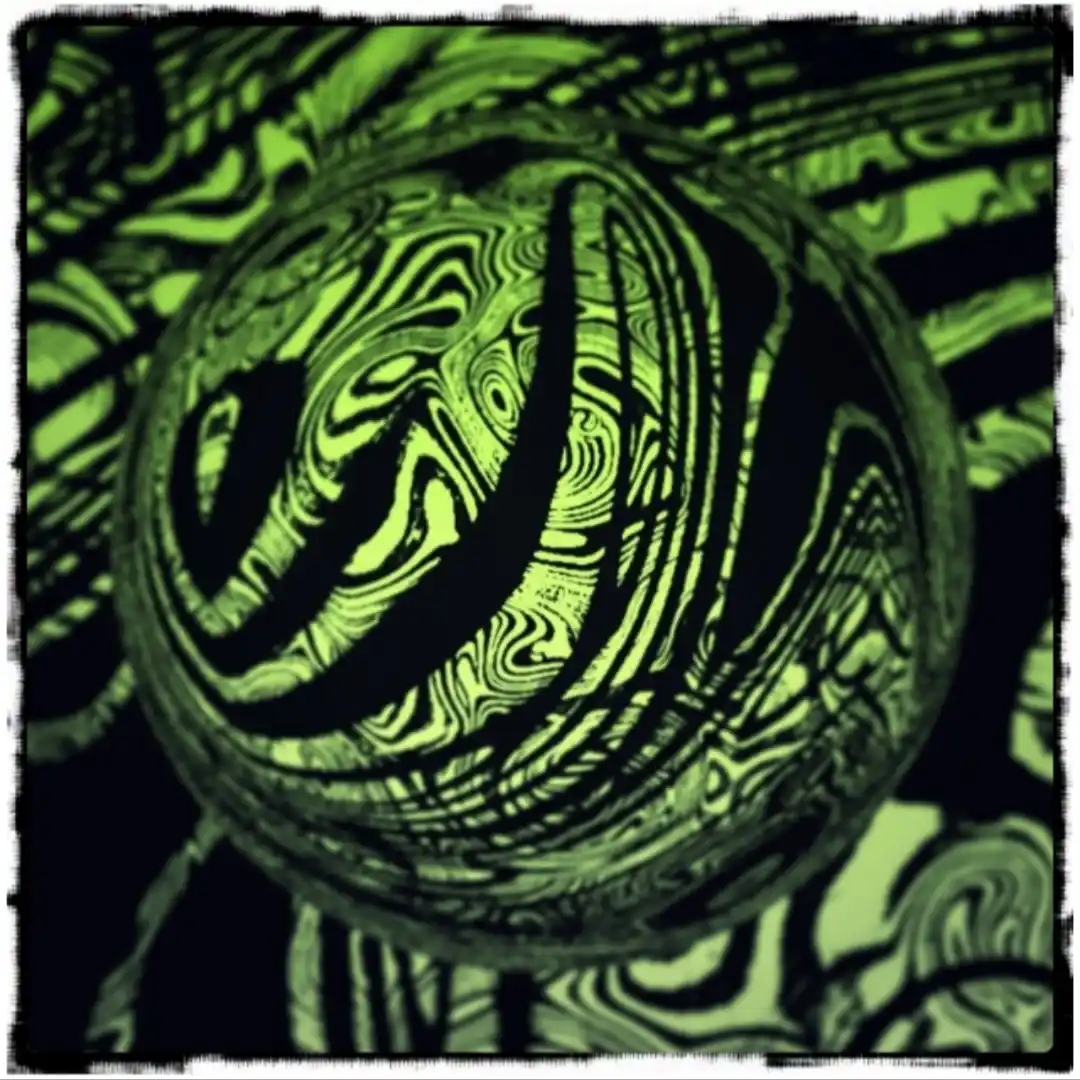 A distorted, swirling green and black abstract image resembling a sphere or orb with psychedelic patterns, overlaid with the…