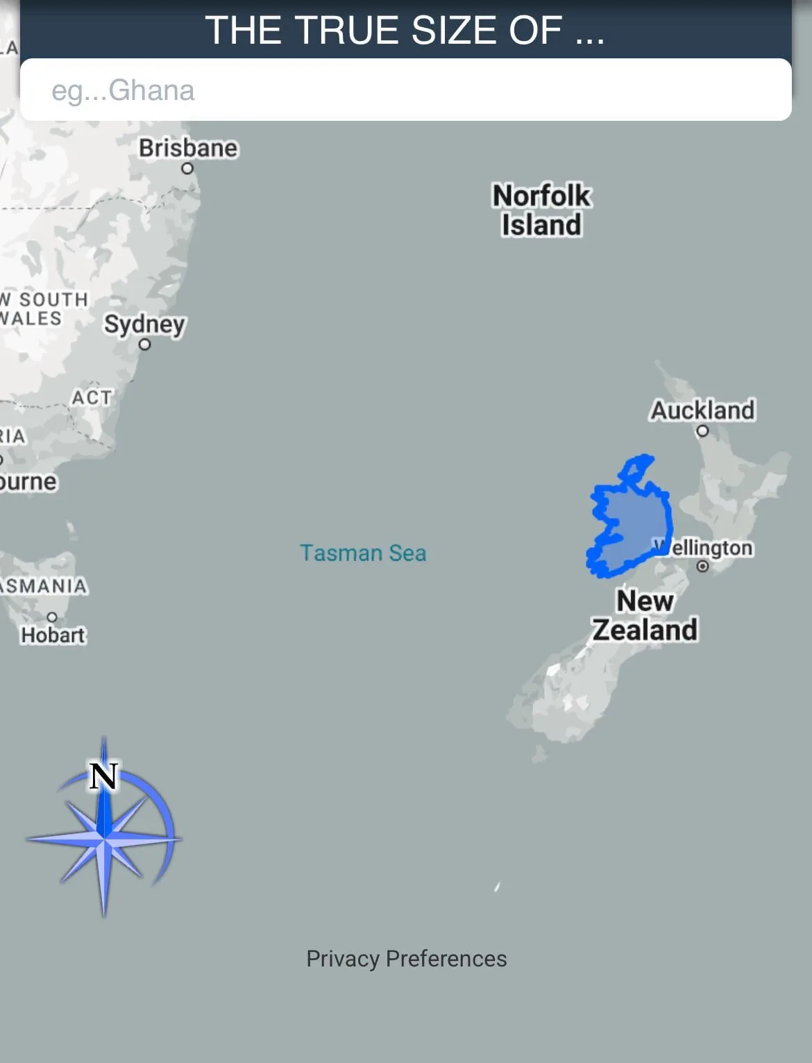 A map interface titled 'THE TRUE SIZE OF ...' with a search bar showing 'eg...Ghana'. A blue outline highlights Ireland…