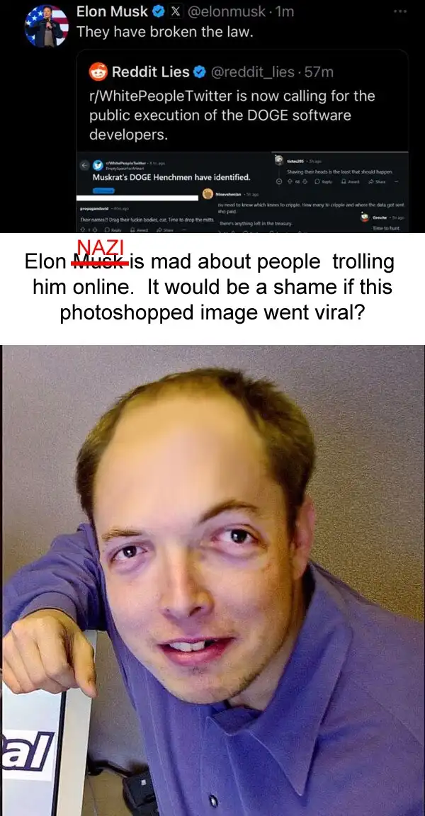 The image shows a close-up of Elon Musk with a digitally altered, exaggeratedly angry expression. The word 'NAZI' is crossed…