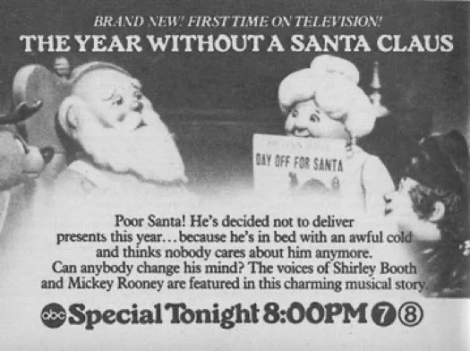 A vintage black-and-white TV advertisement for the 1970 special 'The Year Without a Santa Claus,' showing Santa Claus in bed…