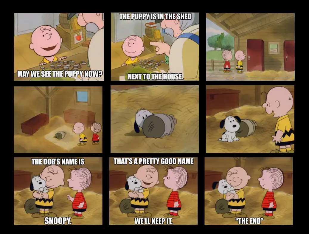 A nine-panel comic strip from the Peanuts animated series shows Charlie Brown and Linus searching for a puppy, finding…