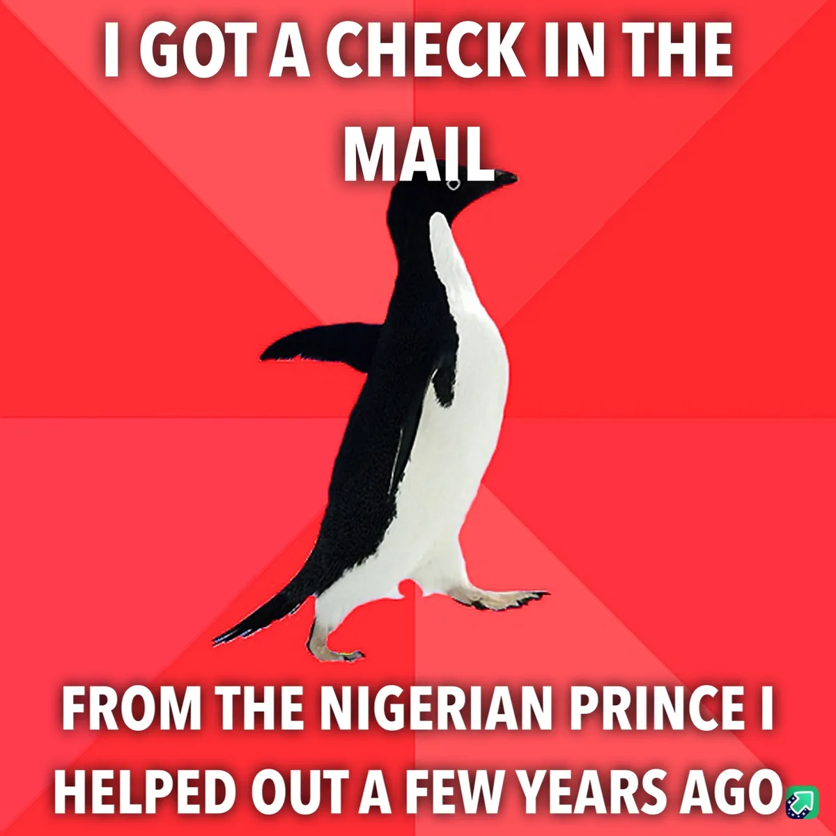 A black-and-white penguin stands against a red background with diagonal stripes. White bold text at the top reads 'I GOT A…
