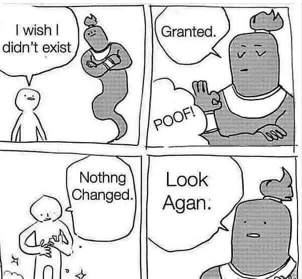 A four-panel comic strip shows a small figure wishing they didn't exist, a genie granting the wish with a 'POOF!', the…