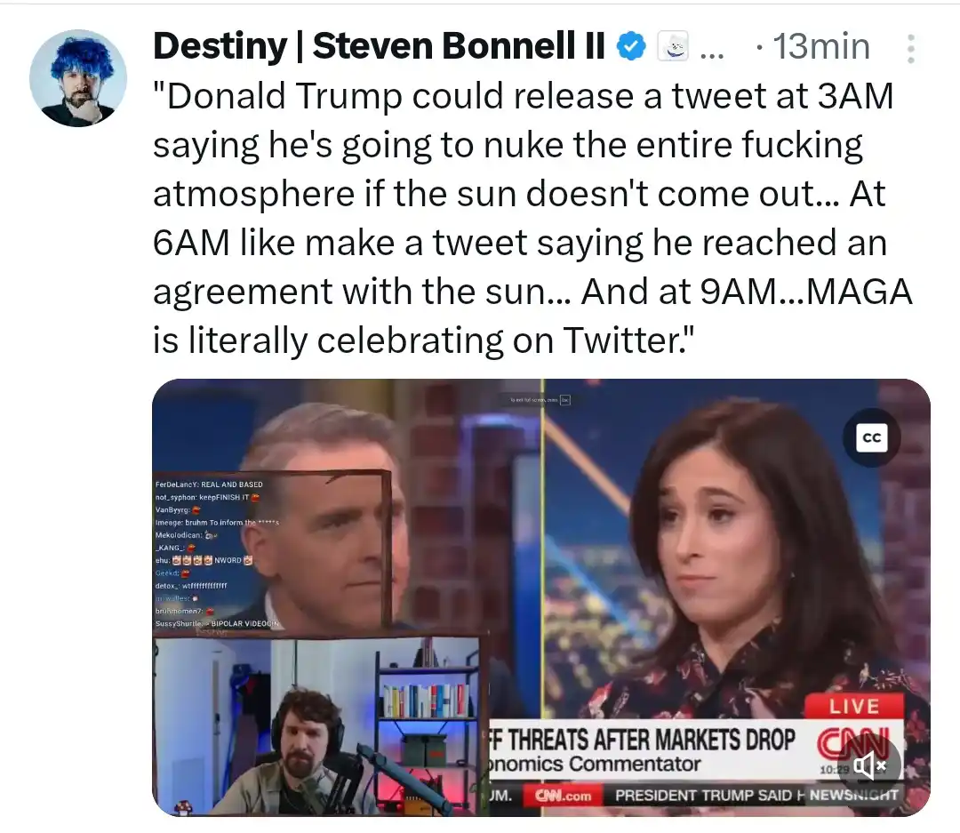 A screenshot of a CNN news broadcast featuring a male and female news anchor, with a smaller inset video of a man in a home…