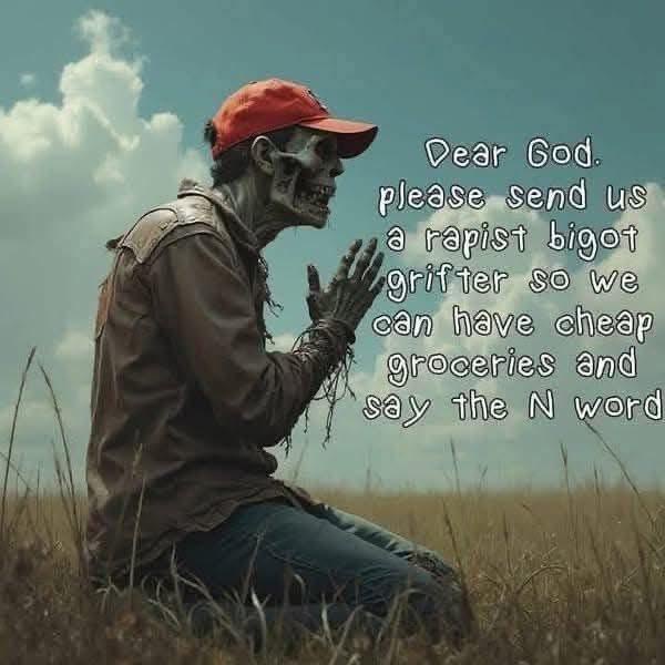 A skeletal figure wearing a red baseball cap and tattered clothes kneels in a field, hands clasped in prayer. Overlaid text…