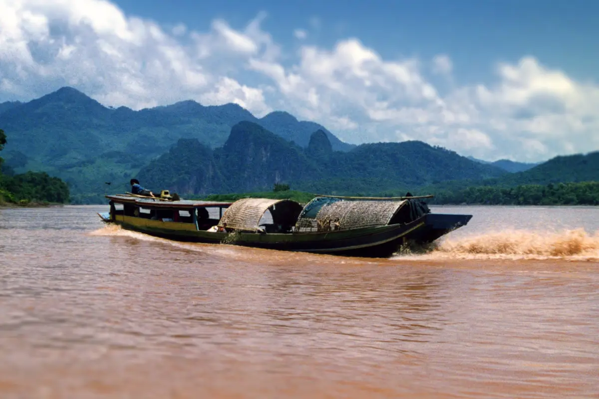 A long, narrow boat with a thatched roof sails quickly across muddy brown water, leaving a wake behind it, with green…